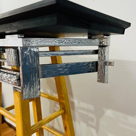 Rare Syroco Brutalist Mid Century MCM Metal /Chrome / Silver And Wood Wall Shelf - Picture 6 of 9